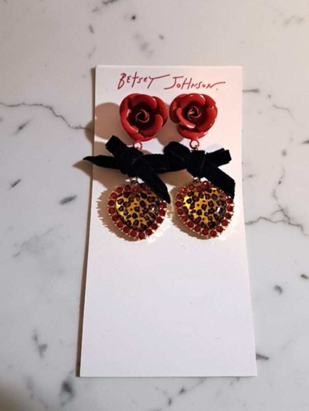 Betsey Johnson Red Rose Leopard Print Heart Drop Earrings (See Disc.)